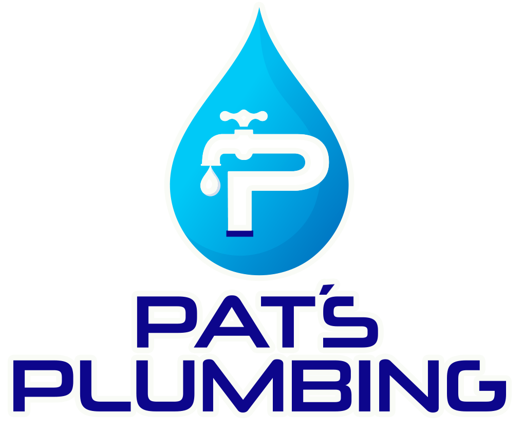 Logo for Pat's Plumbing: Blue water drop with a white faucet forming the letter "P"; company name in dark blue below.