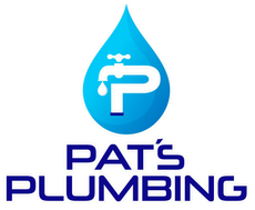 Logo for Pat's Plumbing: Blue water drop with a white faucet forming the letter