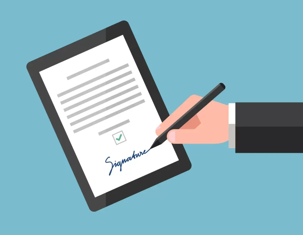 A person is signing a document on a tablet with a pen.