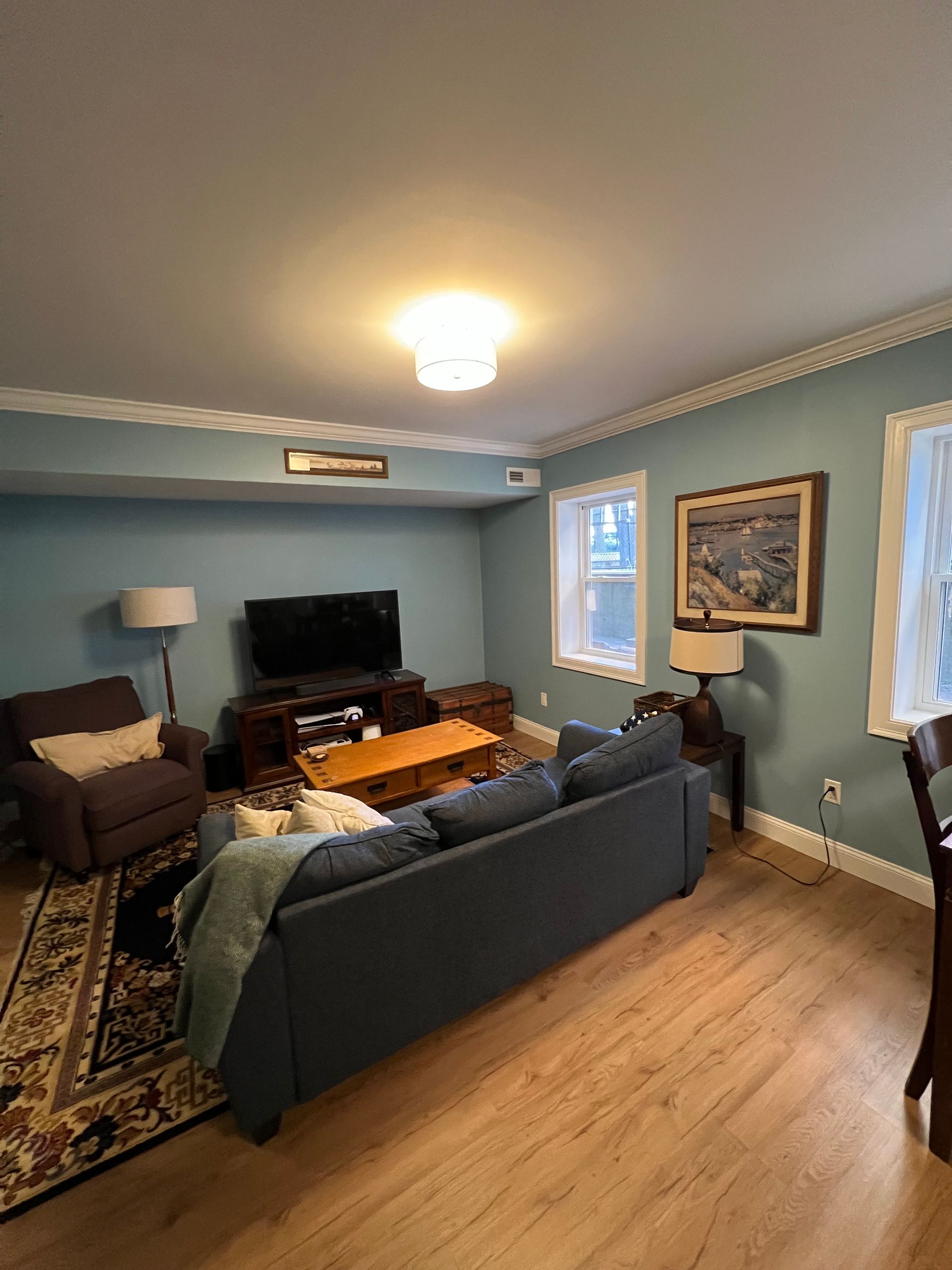 Finished basement living room in Boston with LVP flooring, blue gray walls, and new furniture after remodel