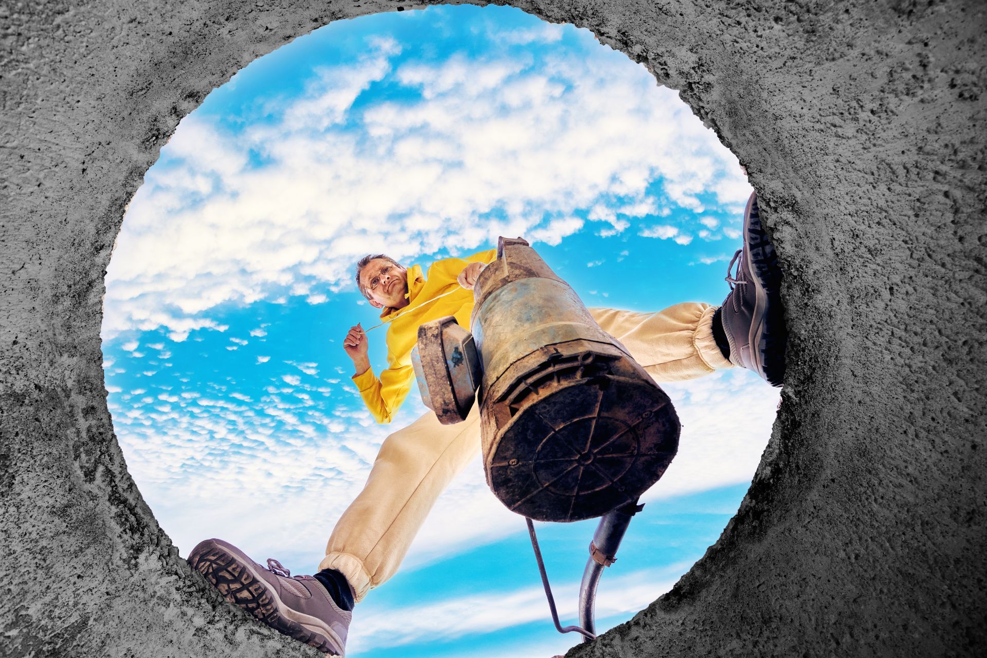 Person looking down into a circular hole, holding a yellow bucket against a blue sky