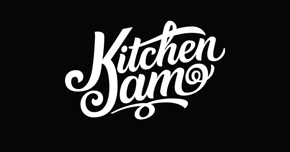 White “Kitchen Jamo” script logo on a black background.
