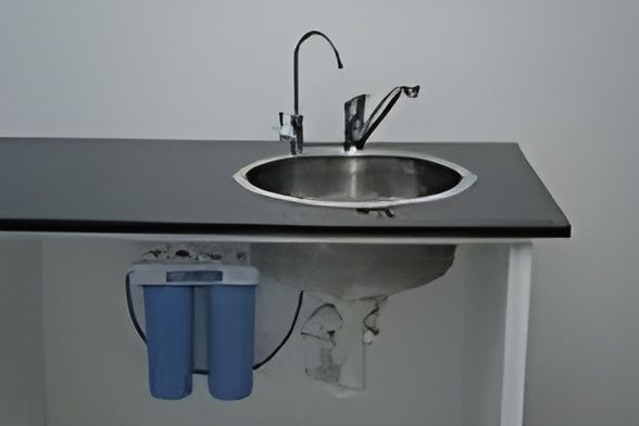 Stainless steel sink with faucet on a black countertop, mounted above a cabinet with a water filter. — NT Water Filters In Winnellie, NT