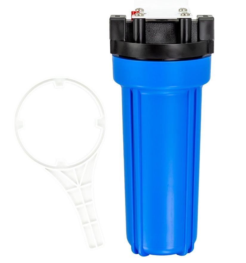 Blue water filter housing with white wrench, black top. — NT Water Filters In Winnellie, NT