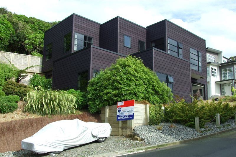 Modern dark house on a hillside with greenery and a covered car in the driveway