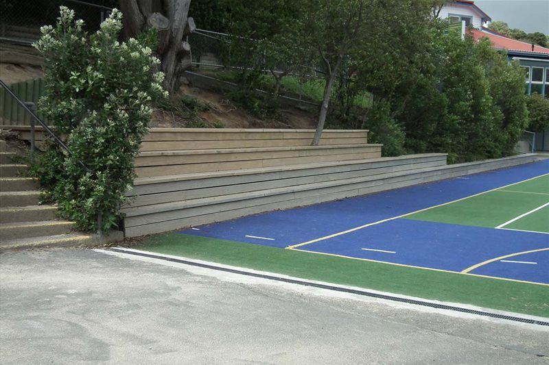 Outdoor steps beside a blue and green sports court, bordered by shrubs and trees