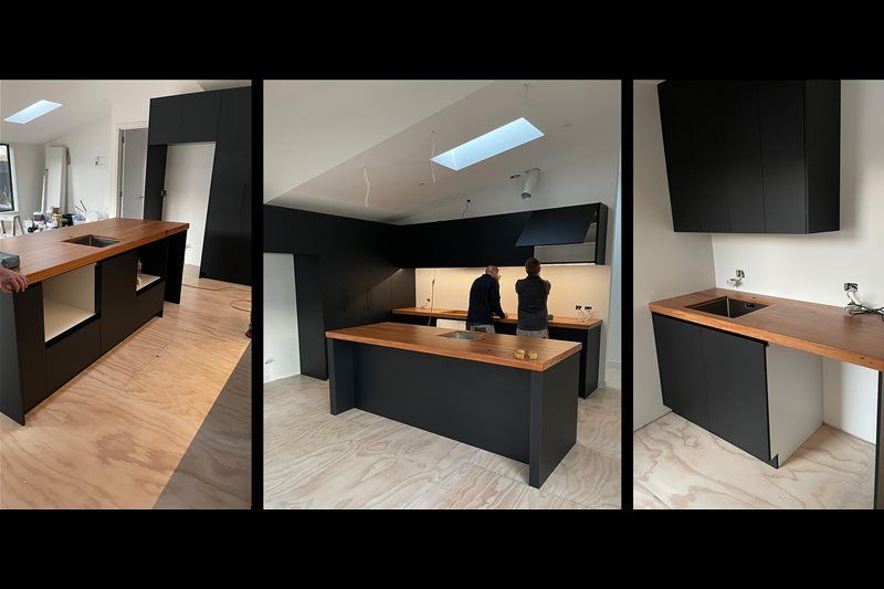 Modern kitchen with black-and-wood cabinets, island, and skylight, shown from three angles
