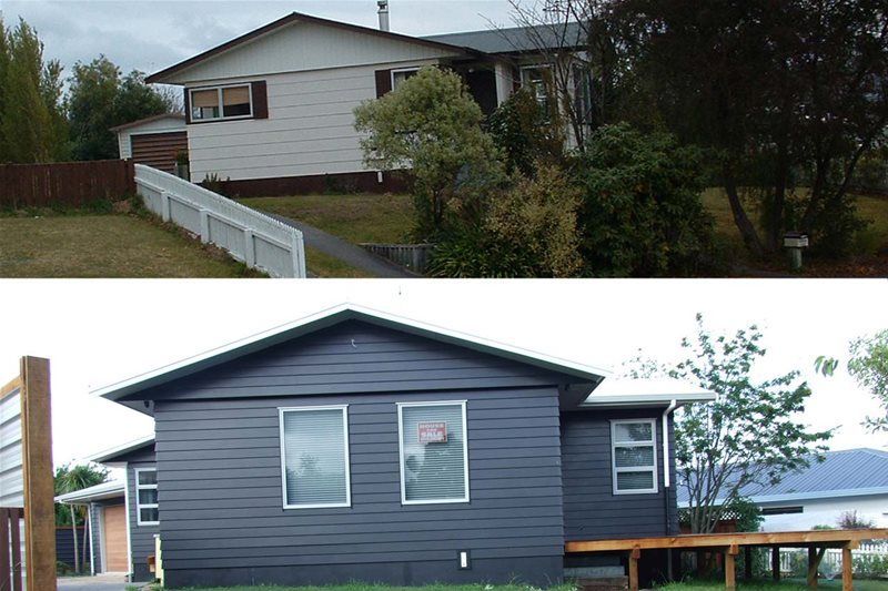 Two photos of a house exterior, showing side and back views with white trim and dark gray siding.