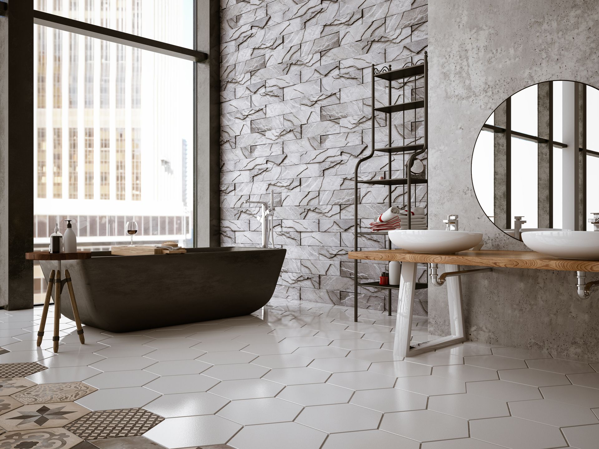 A bathroom with a bathtub , sinks , and a large window.