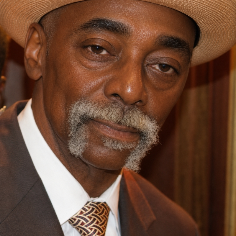 Close-up portrait of a man in a tan hat and suit, looking at the camera with a calm expression.