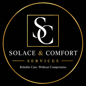 Black and gold Solace & Comfort Services logo with SC monogram and &ldquo;Reliable Care, Without Compromise.&rdquo;
