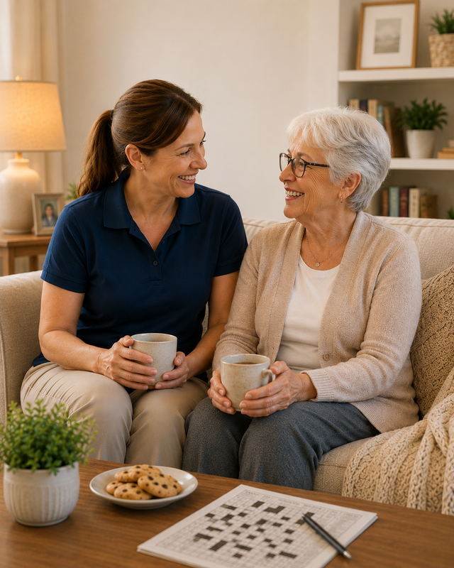 Two women smiling and chatting on a sofa with mugs, holding a board game piece on a coffee table