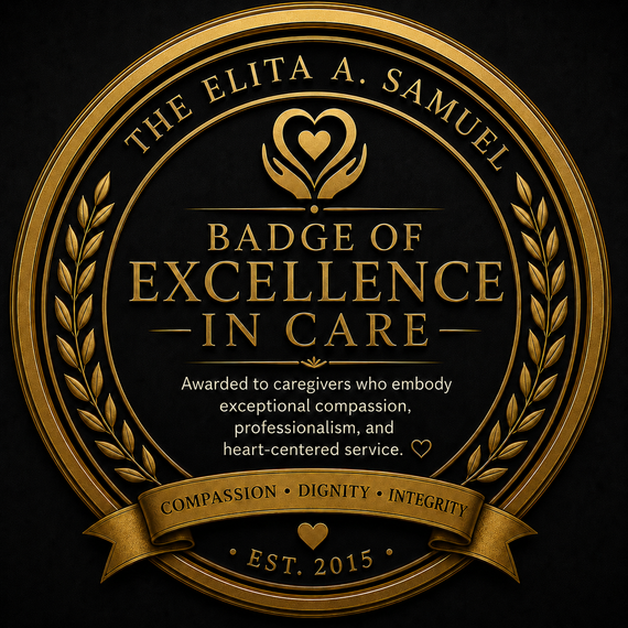 Gold circular “Badge of Excellence in Care” award with laurel wreath, ribbon, and “Est. 2015” text on black background