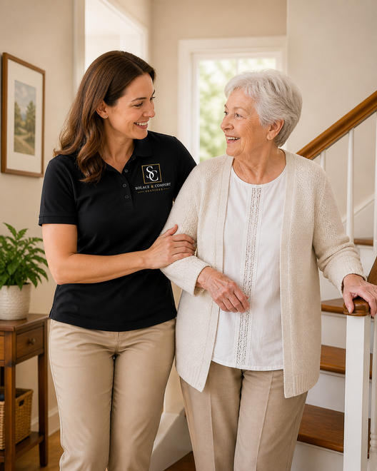 Caregiver helping an elderly woman walk in a home hallway by a staircase