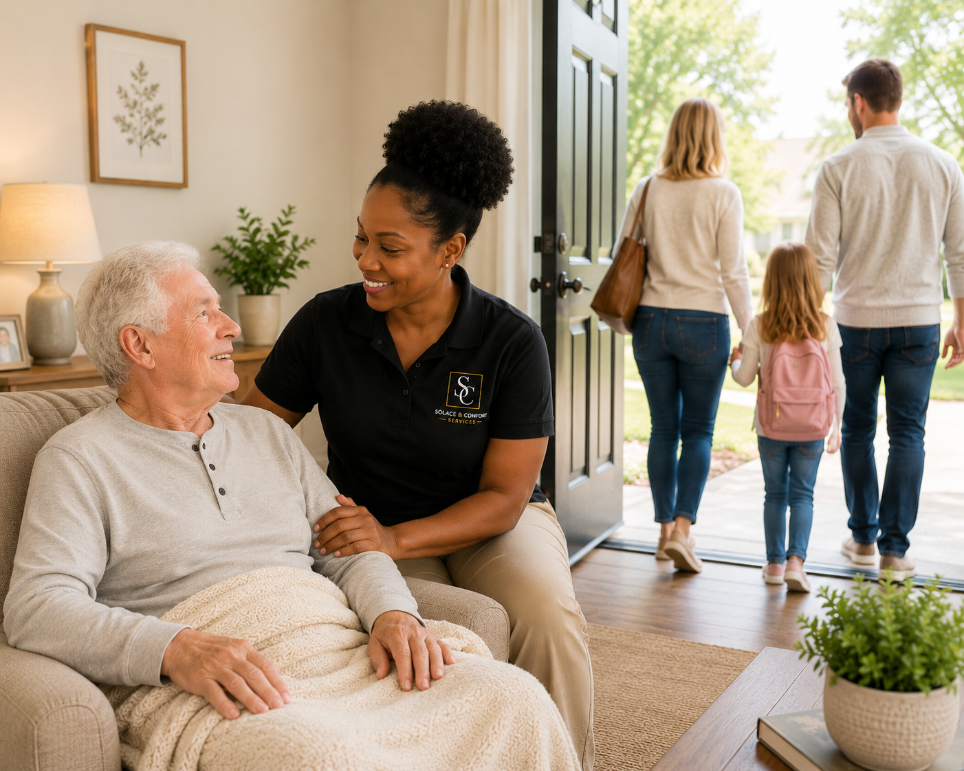 Caregiver smiling beside seated senior while a family walks out an open front door into daylight