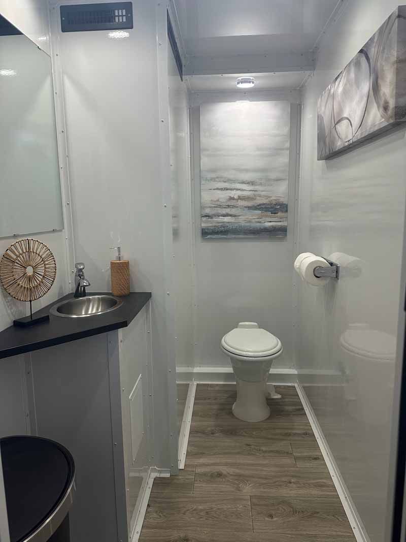 Interior of a modern, clean bathroom with a toilet, sink, and decorative art. White walls and wooden floor.