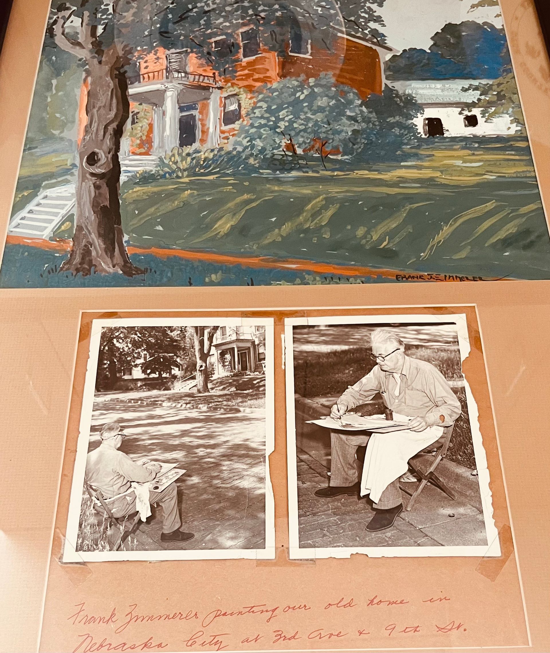A painting of a house and a black and white photo of a man