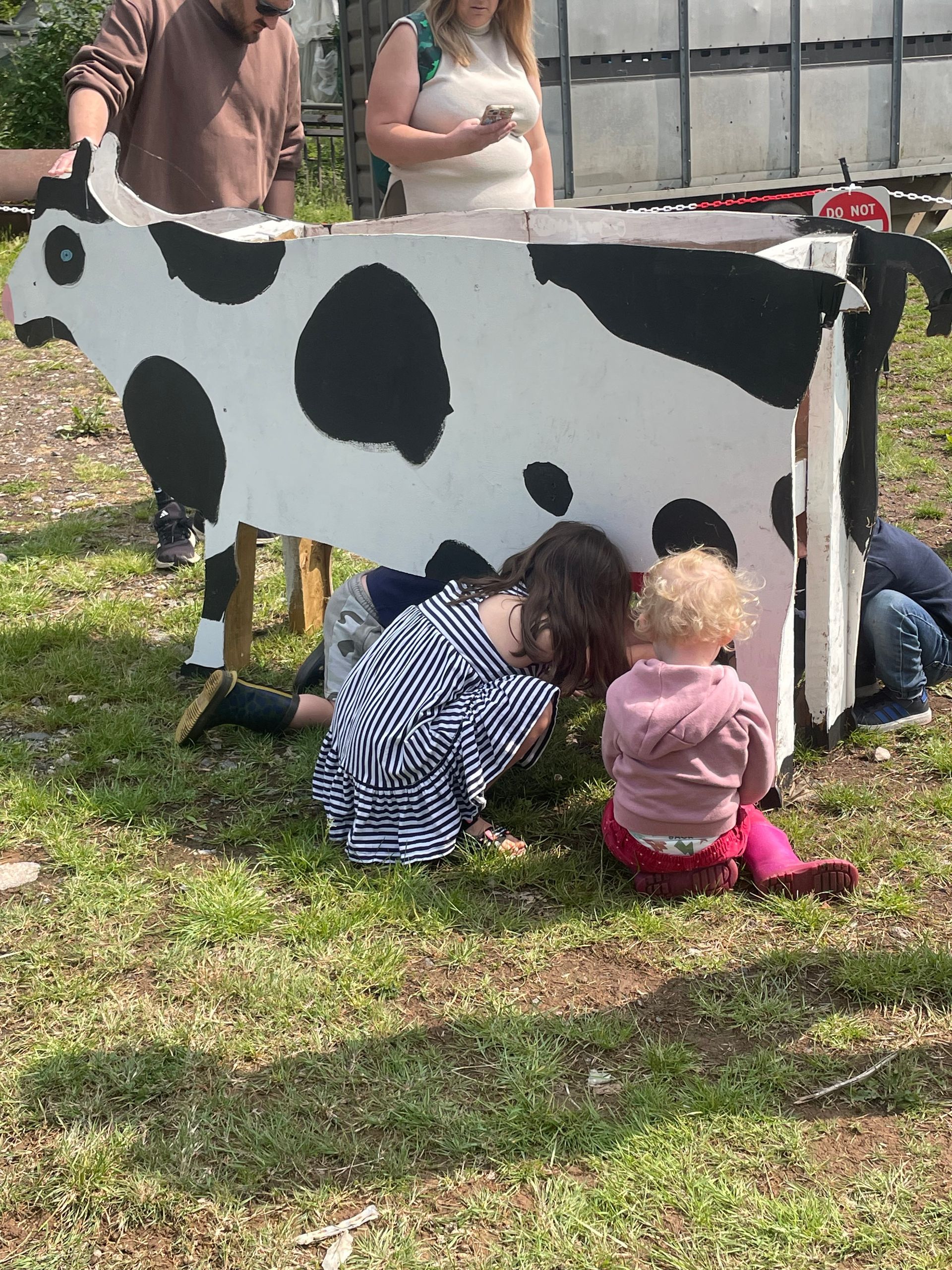 Children having a go on the black-and-white cow-milking cut-out during a group stay at The Apple Farm in Snitterfield, Warwickshire