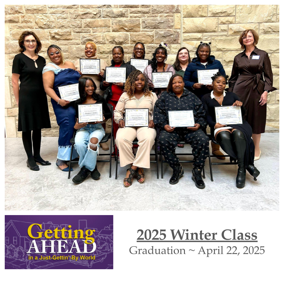 Group photo of women holding certificates; 2025 Winter Class graduation in front of a stone wall.