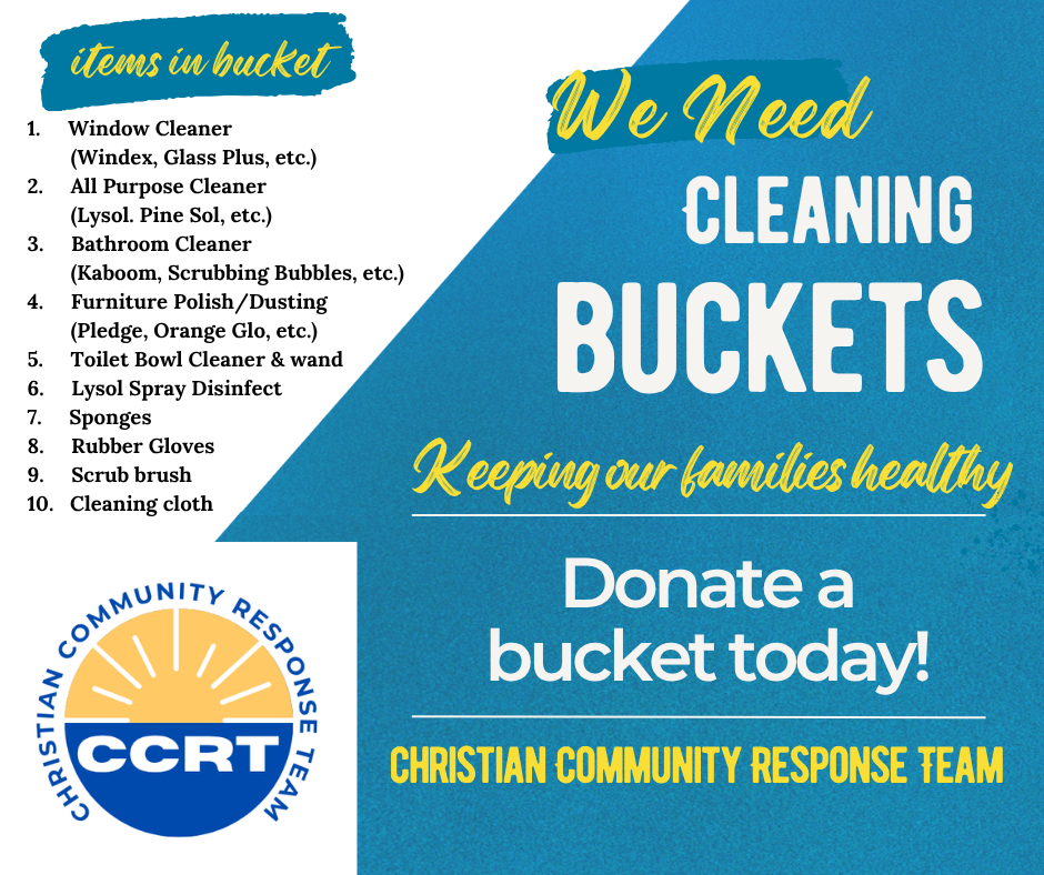 Advertisement for cleaning buckets donation. Lists items needed in the buckets. Features a logo and contact information.