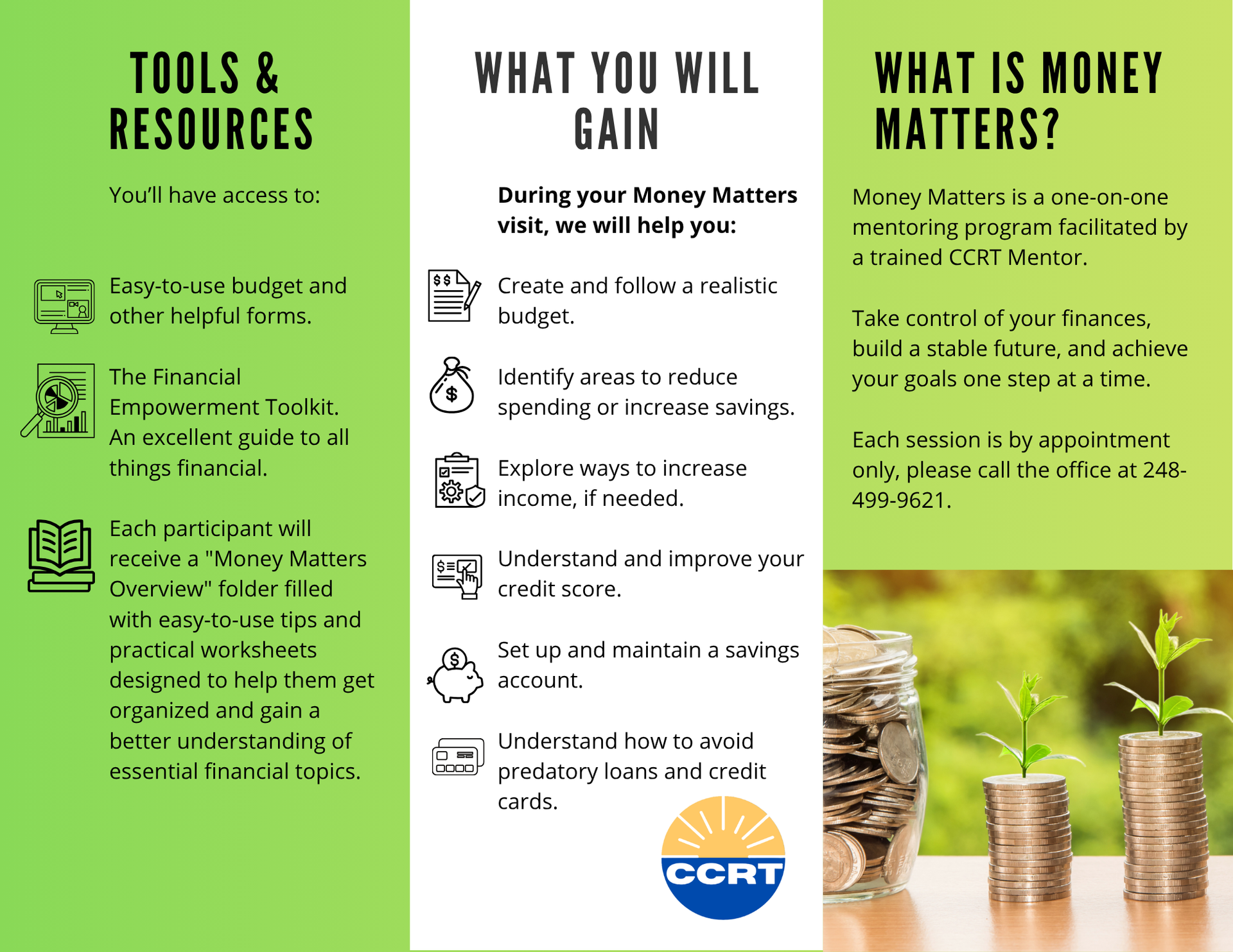 Brochure with money tips: Tools & Resources, What You Will Gain, and What Is Money Matters?