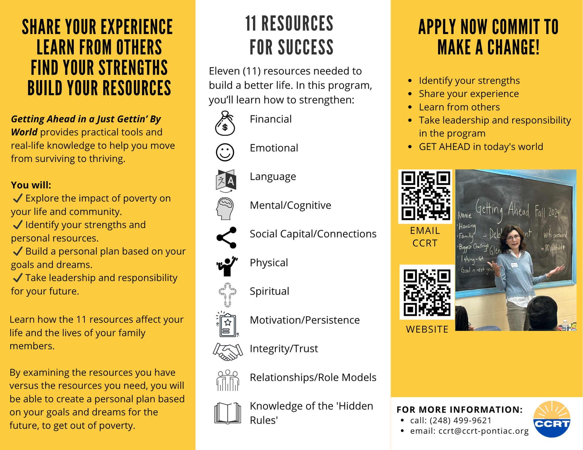 Tri-fold flyer for a program. Text lists resources and encourages applications with contact info and a photo of a woman teaching.