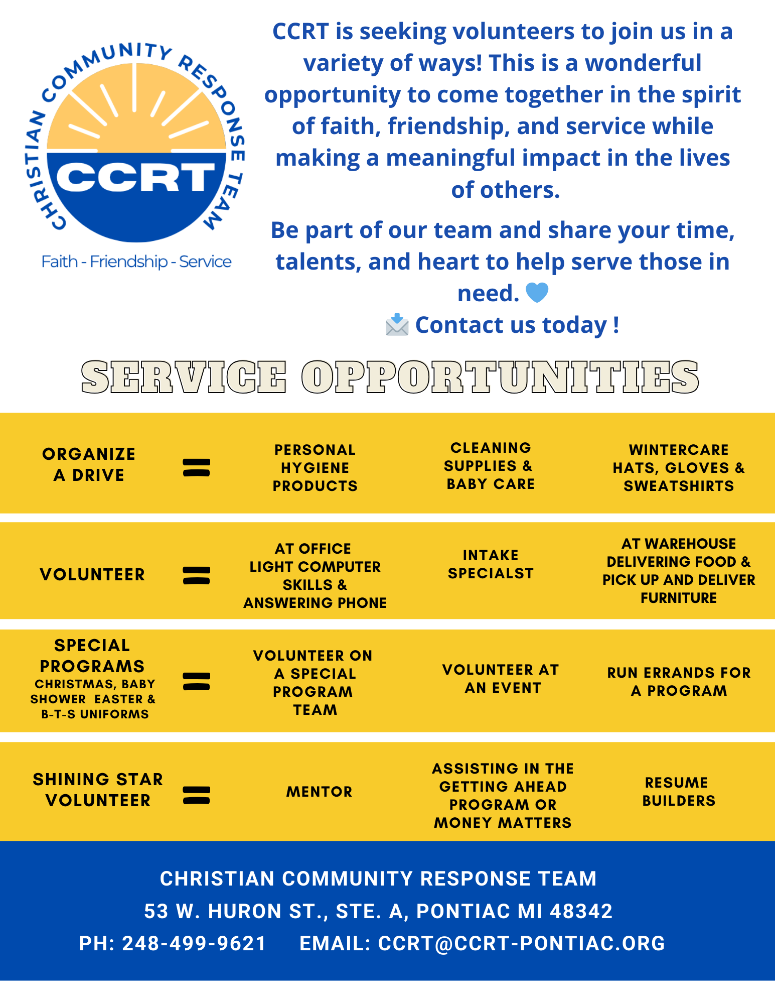 Flyer for Christian Community Response Team volunteer opportunities. Offers disaster relief, food assistance, and more.