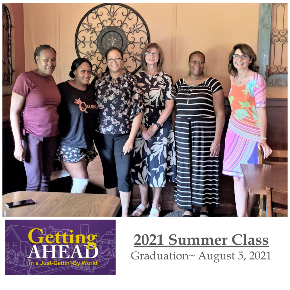 Group of six women smiling at graduation, August 5, 2021.