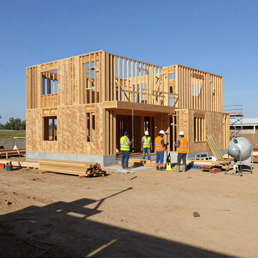 Framed wooden house under construction with workers in hard hats on a dirt lot