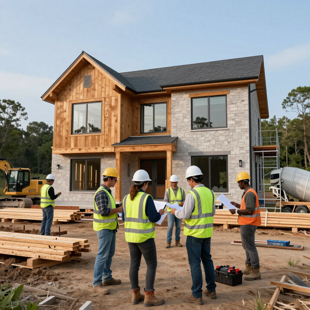 Construction crew framing a house, with lumber stacks, crane, and concrete foundation at a building site.