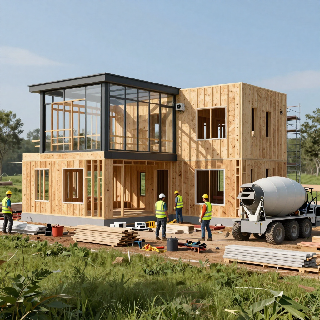 Workers build a two-story wooden house frame beside a cement mixer on a construction site.