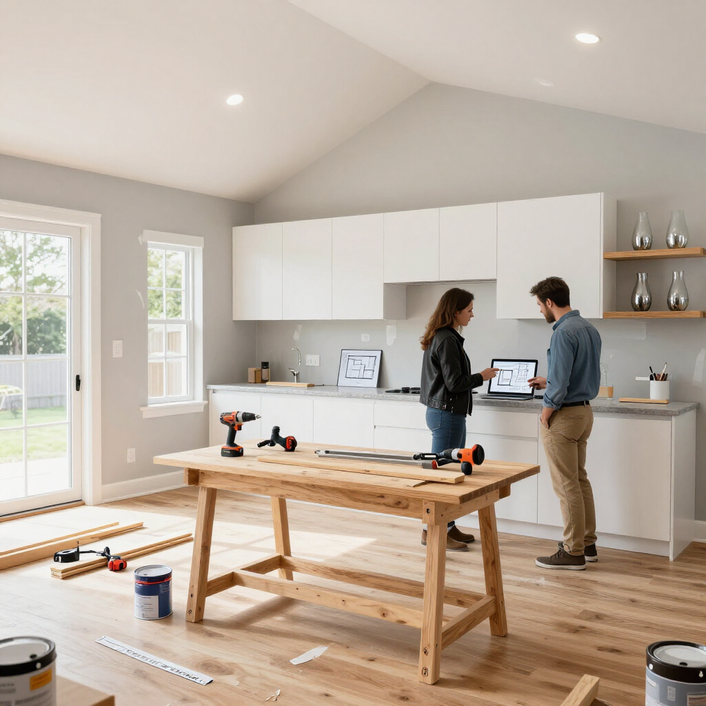 Two people discussing plans in a bright unfinished kitchen with tools and a workbench in the foreground