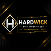 Hardwick Construction LLC logo on black and gold background with contact details