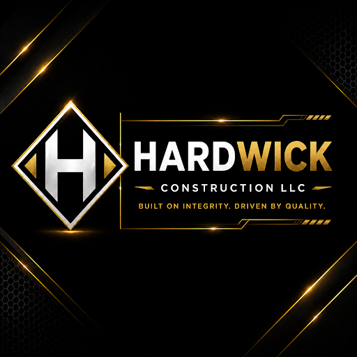 Hardwick Construction LLC logo on black and gold background with contact details