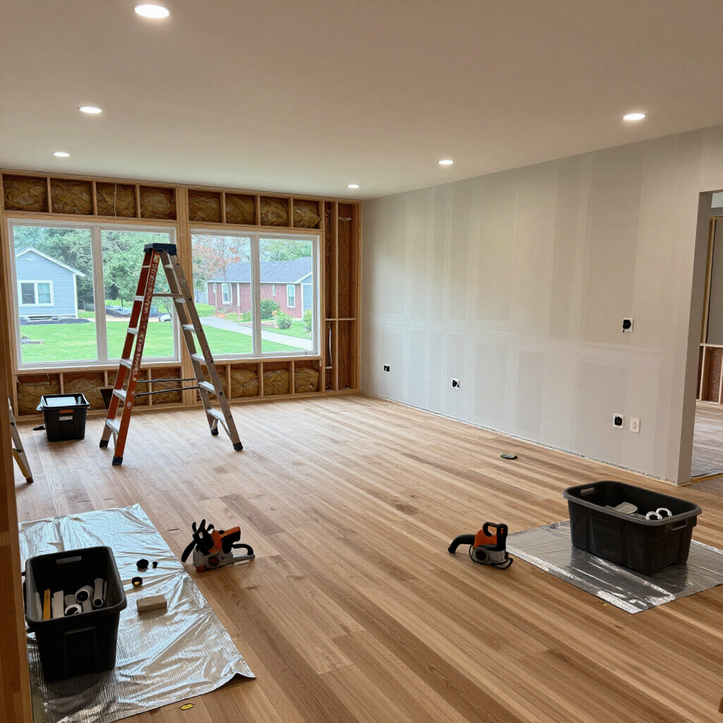 Empty room under renovation with ladder, tools, exposed wall framing, and large windows.