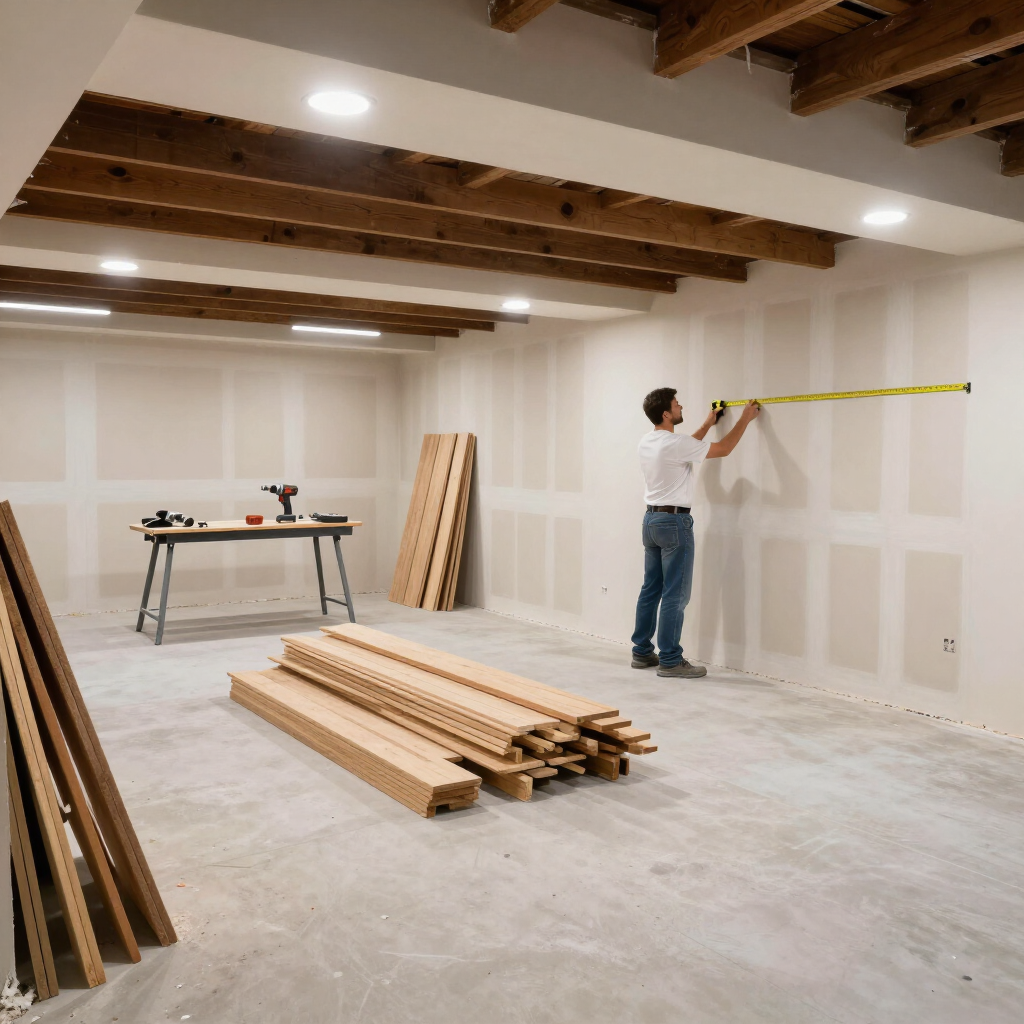Person measuring a wall in an unfinished room with exposed ceiling beams and stacks of lumber on the floor