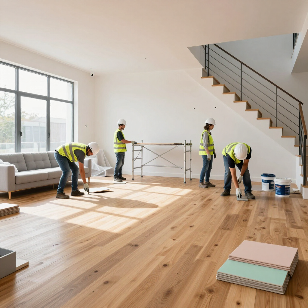 Workers installing a light wood floor in a bright modern room with stairs and large windows