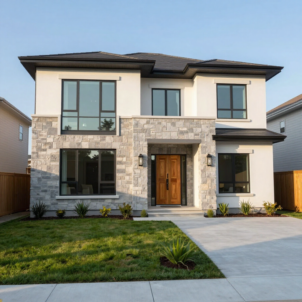 Modern two-story house with stone facade, wood front door, and a neat front lawn