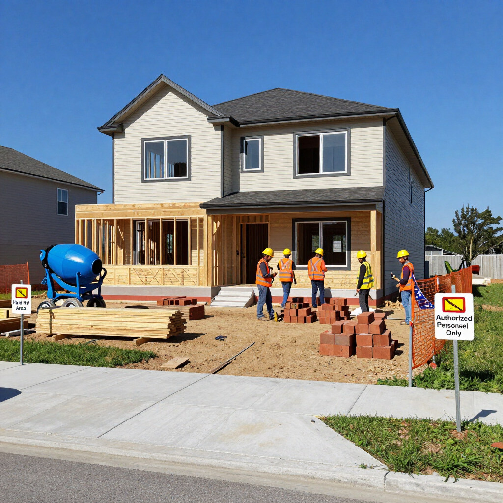 Construction workers building a two-story house with a cement mixer in a new suburban neighborhood