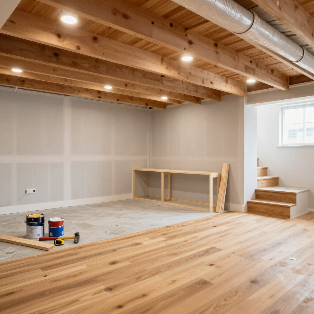 New basement room under renovation with wood floor, exposed ceiling beams, tools, and stairs.