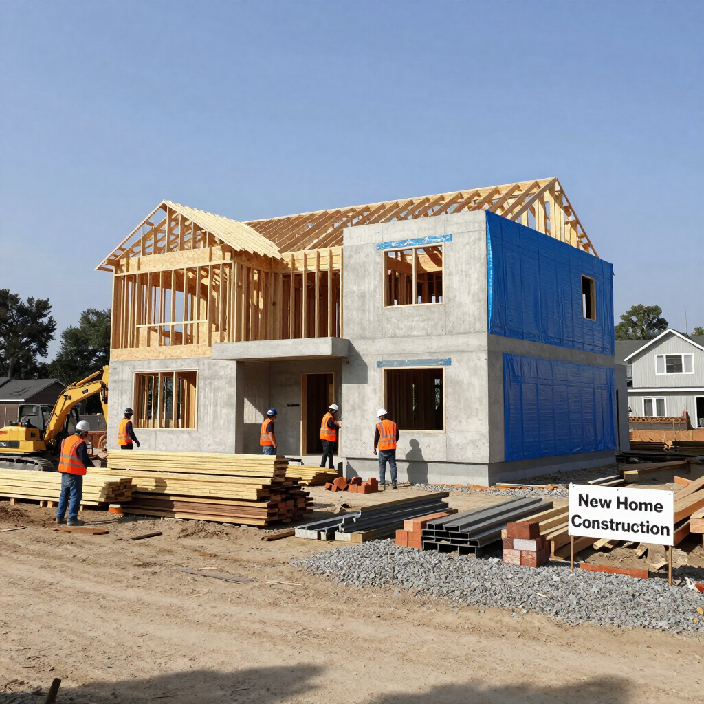 House under construction with workers, wood framing, and blue house wrap at a new home site