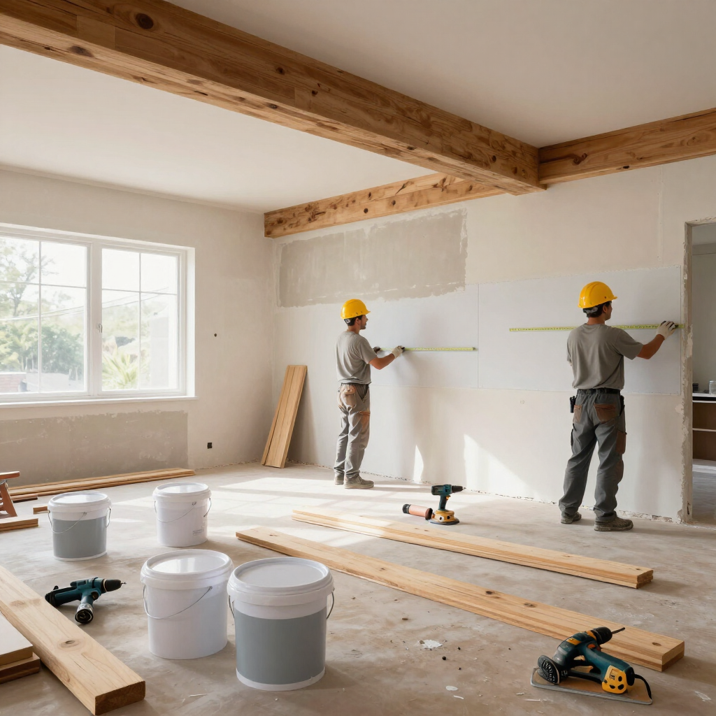 Two workers in hard hats installing drywall in a bright, unfinished room with exposed wooden beams.