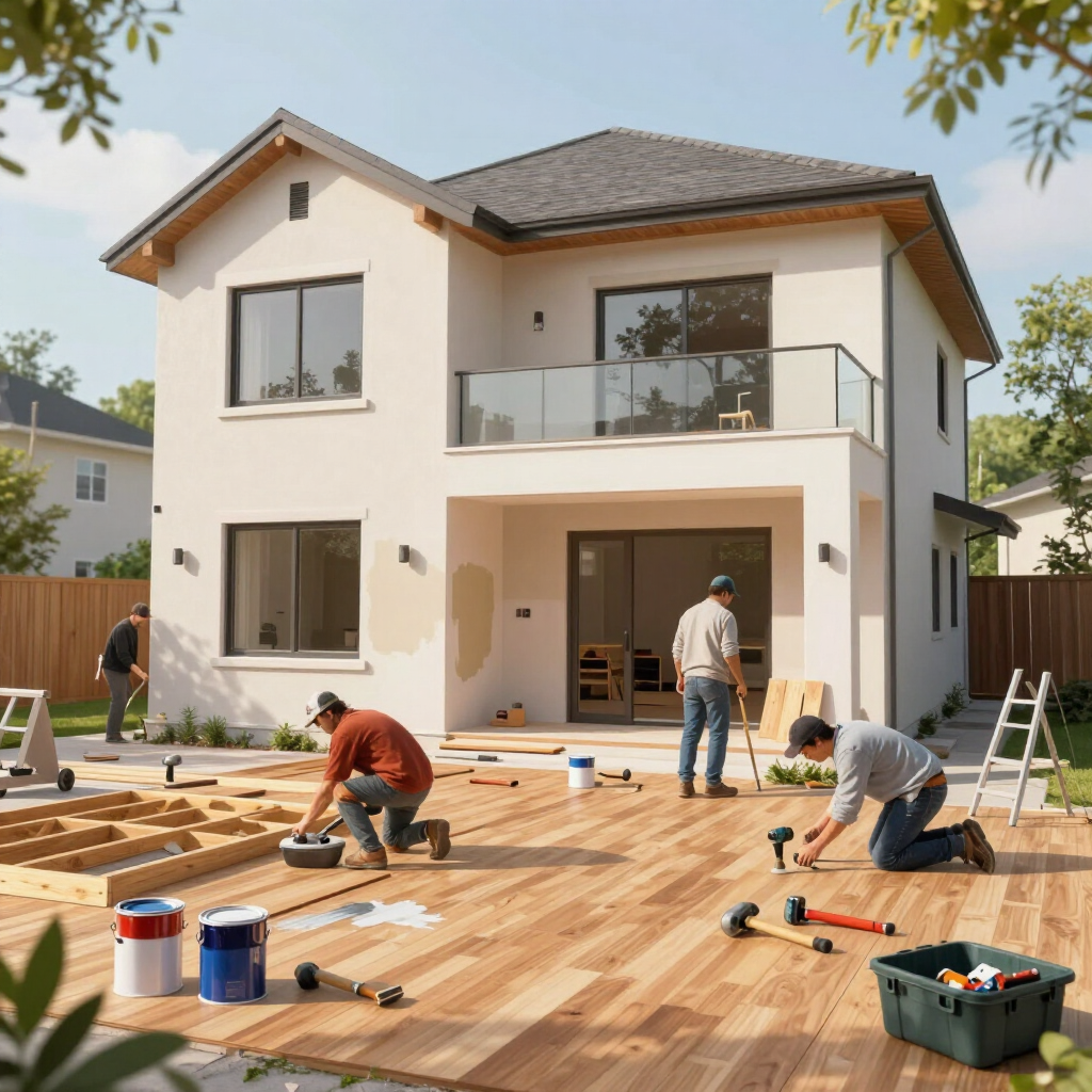 Workers installing wood flooring on a sunny patio outside a modern two-story house