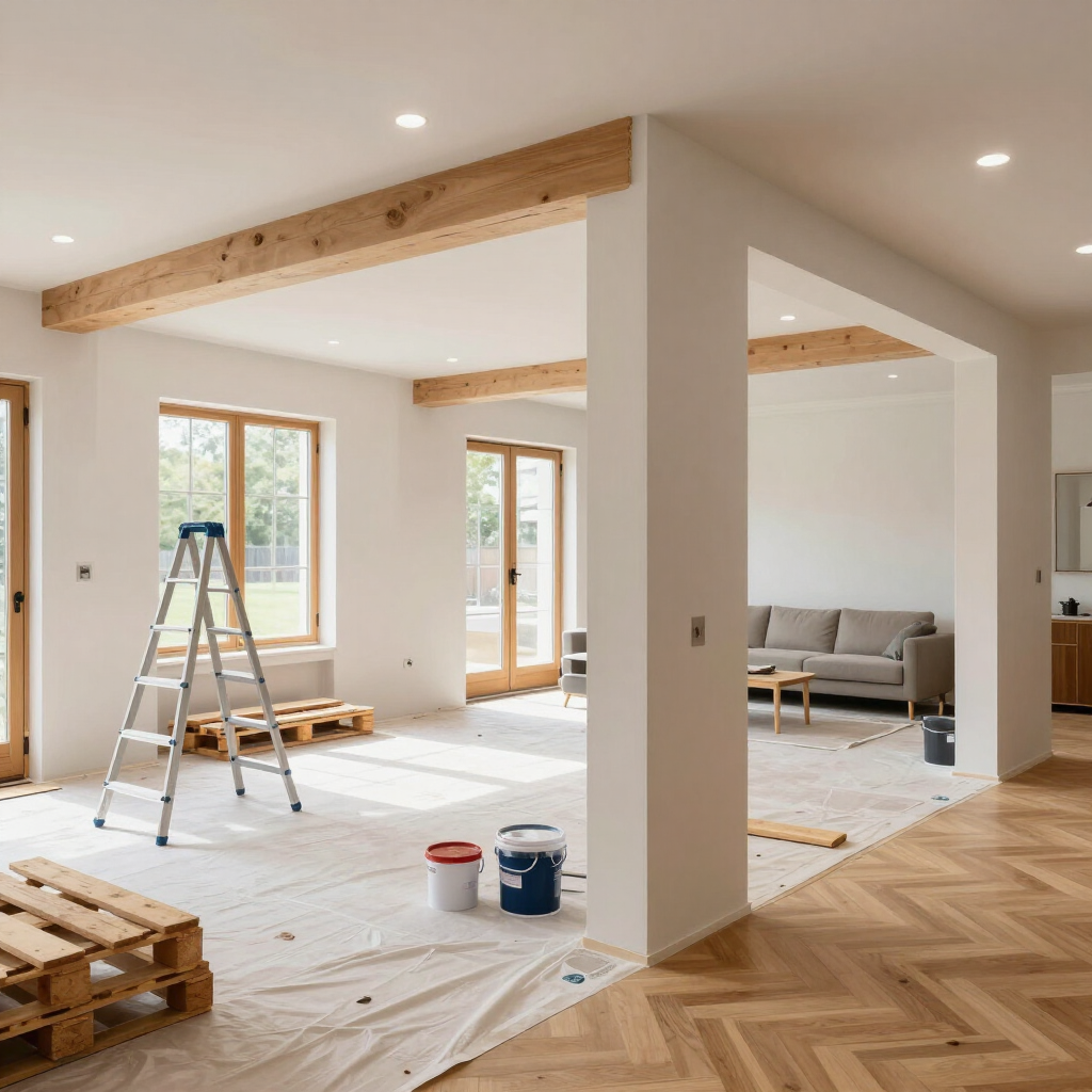 Bright renovated open-plan room with exposed beams, ladder, paint buckets, and protective floor covering