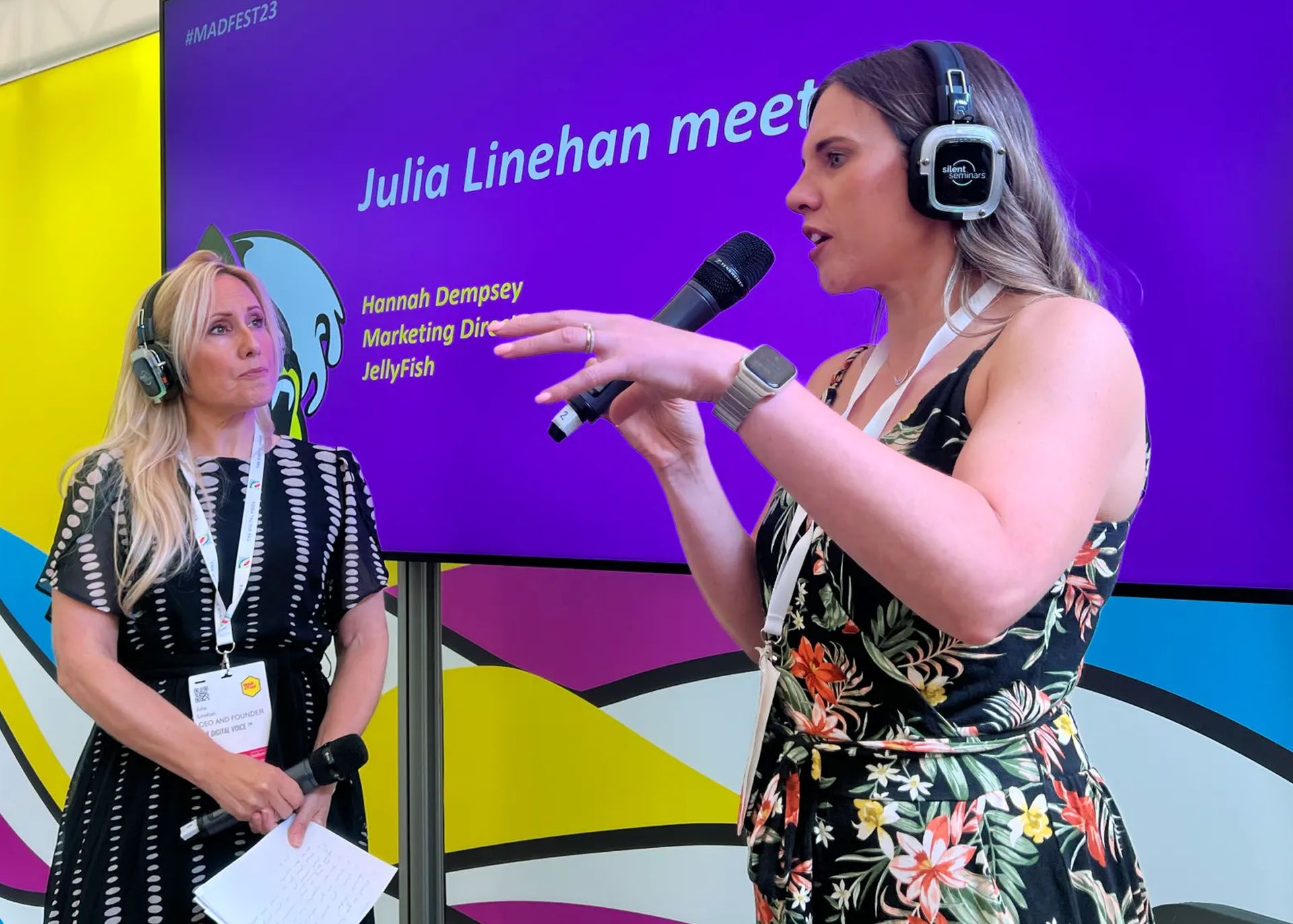 Julia Linehan and Hannah Dempsey from Jellyfish talking on the Female Leaders' Bar stage at MADfest 2023