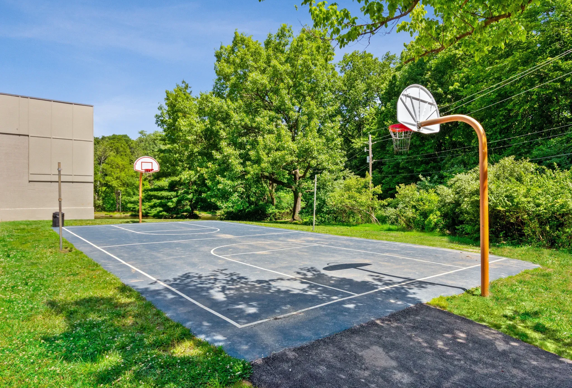 Outdoor basketball court with two hoops, surrounded by trees.
