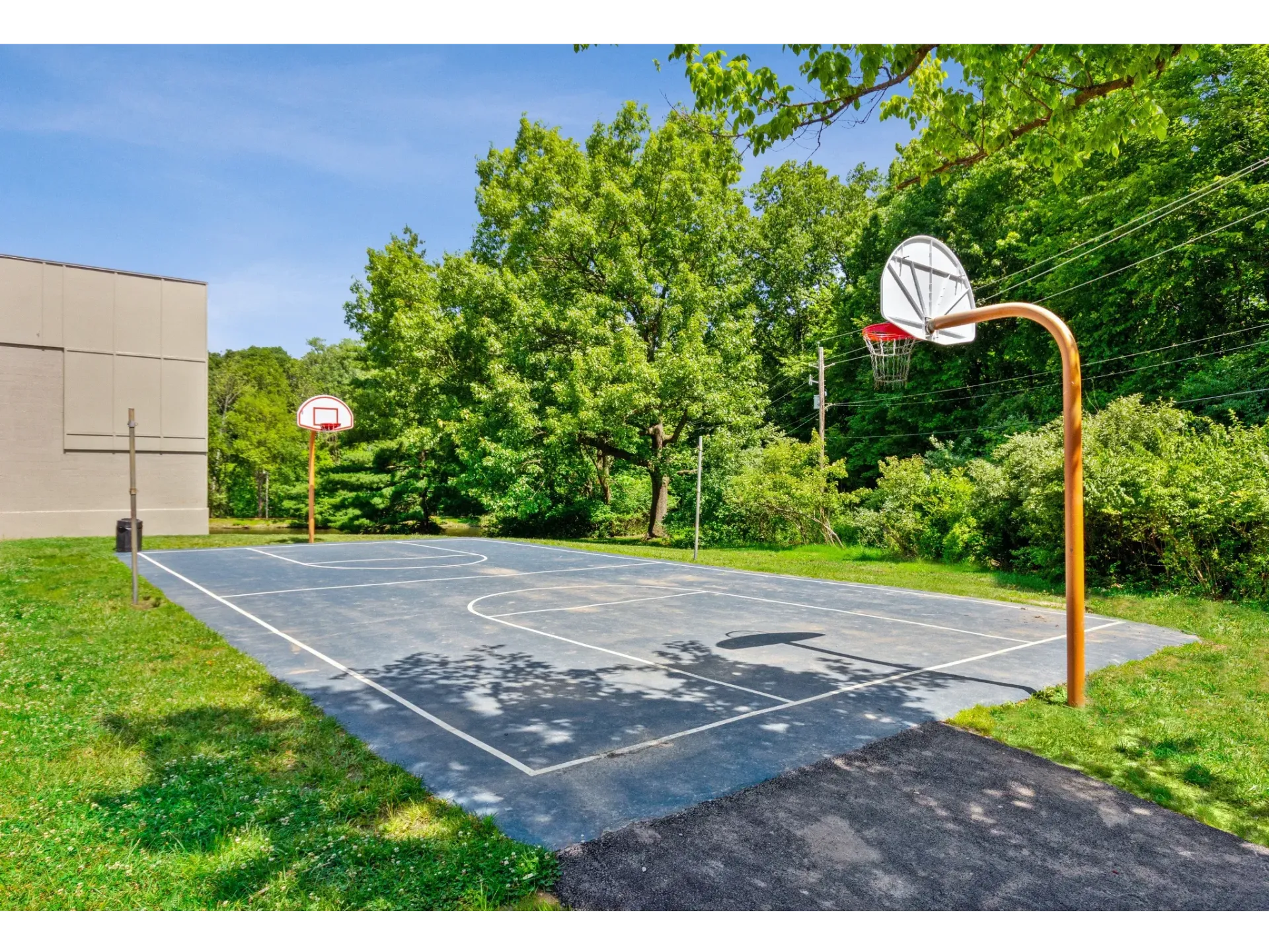 Outdoor basketball court with two hoops, surrounded by trees.