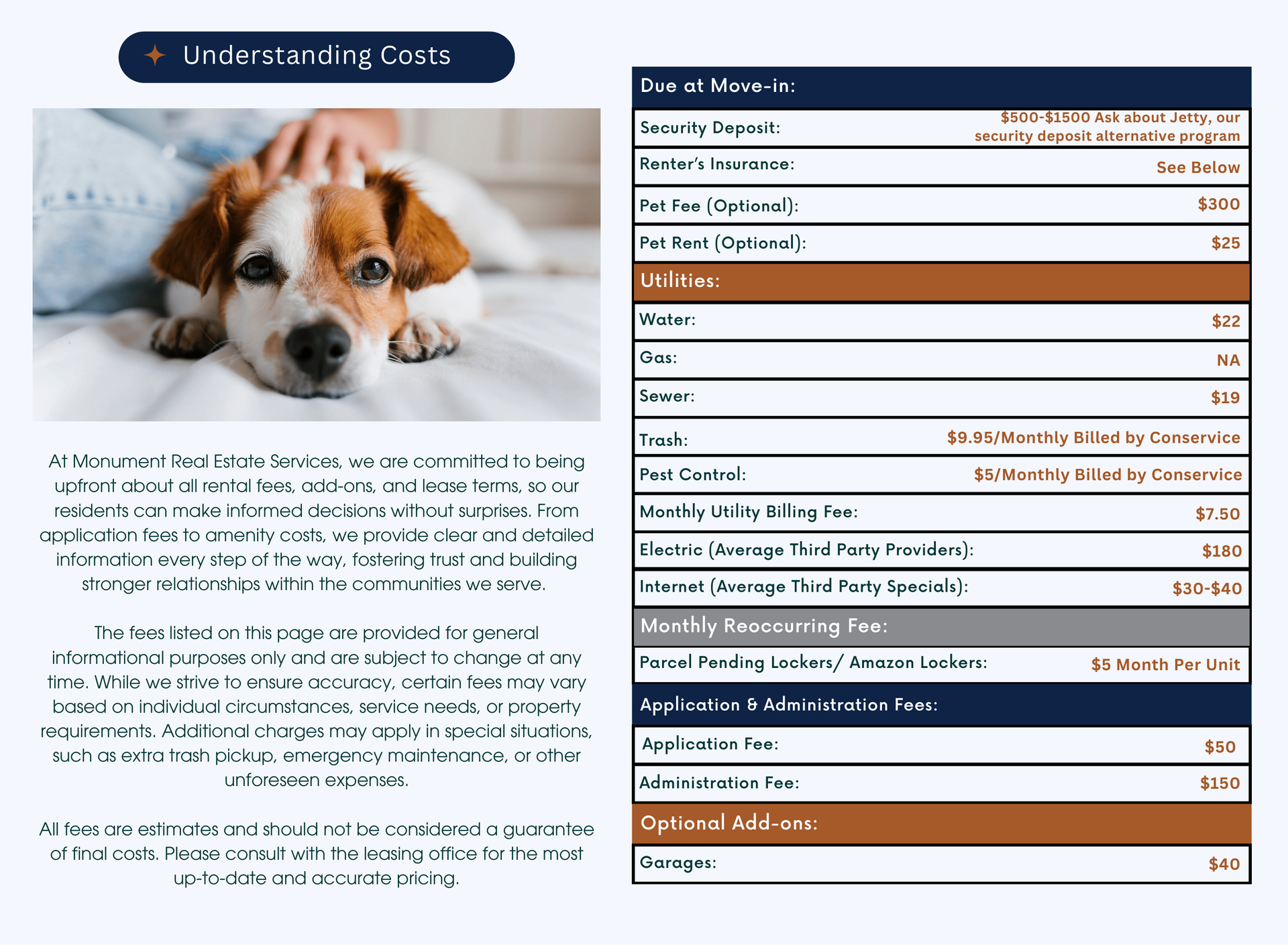 Dog lying down with fee information table.
