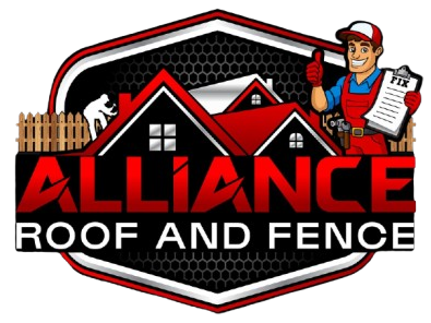 Alliance Roof and Fence logo with red house roof, fence, and cartoon worker holding a clipboard
