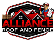Alliance Roof and Fence logo with red house roof, fence, and cartoon worker holding a clipboard